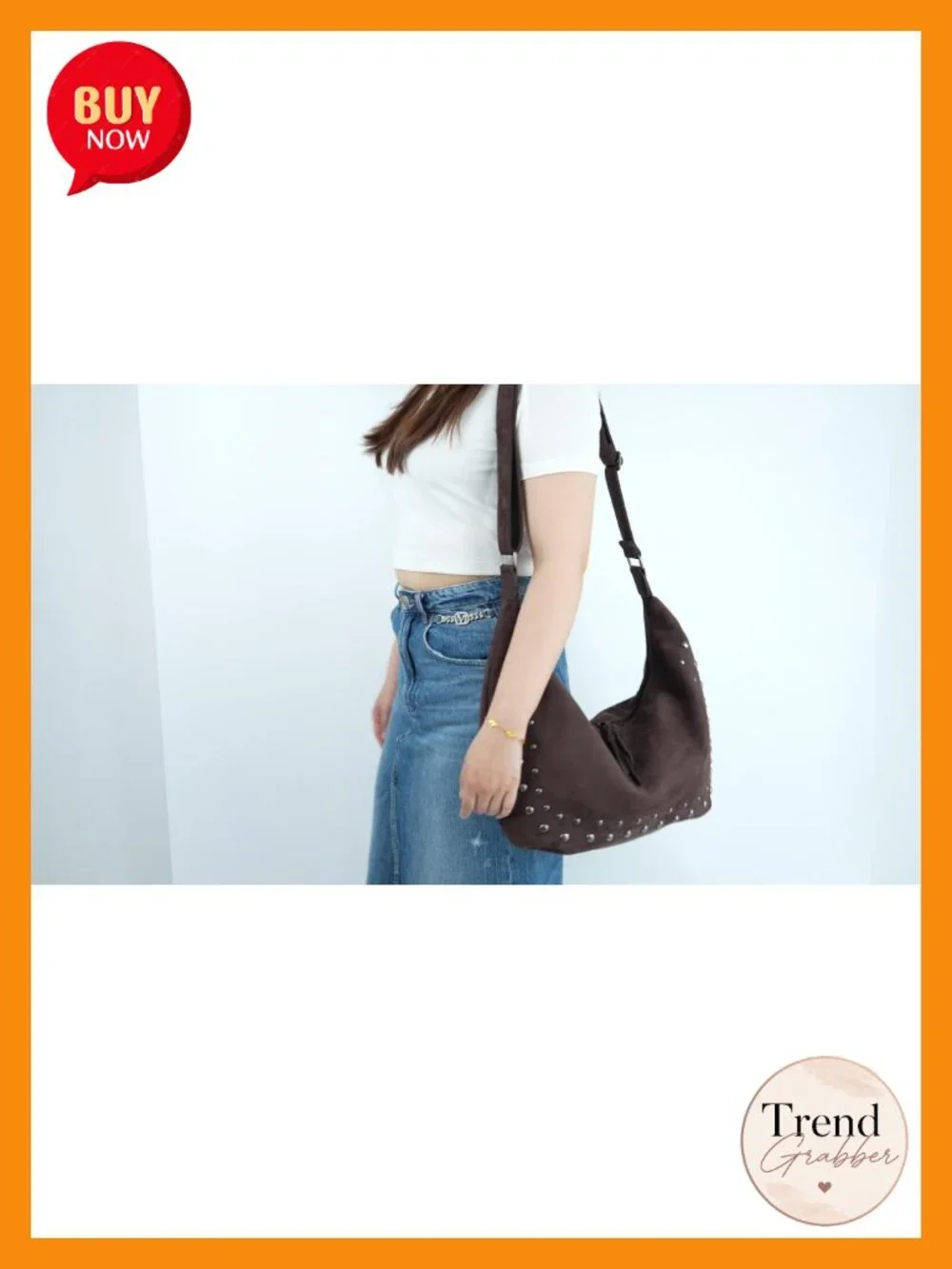 Studded Faux Suede Hobo Bag for Women - Adjustable Crossbody Shoulder Purse